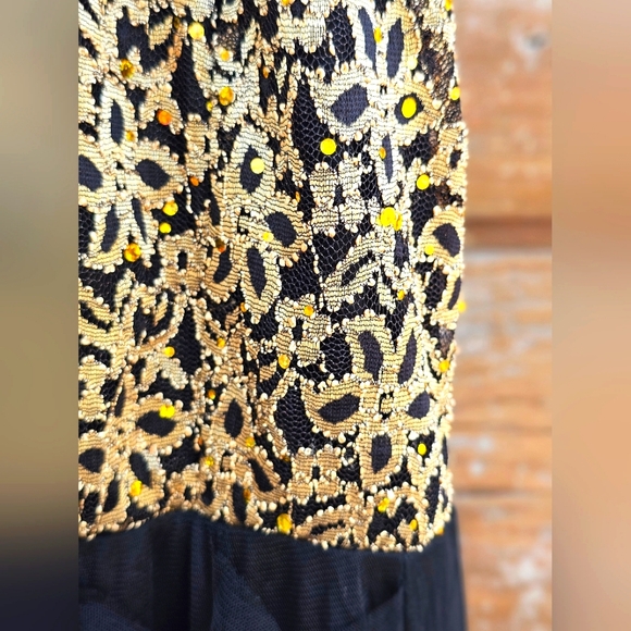 Candalite Long Maxi Halter Formal Dress Gold Lace & Gems Ruffle Black Bottom - Picture 6 of 11